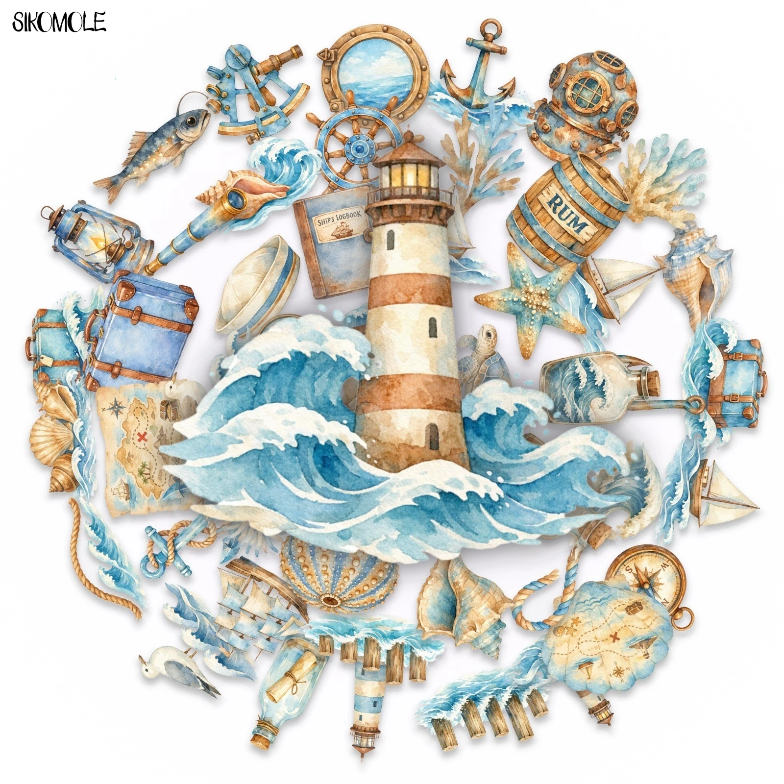 50PCS Cartoon Vintage Nautical Stickers Lighthouse Anchor Seashell Ocean Pattern Transparent PET Decals DIY Craft Journal Decor
