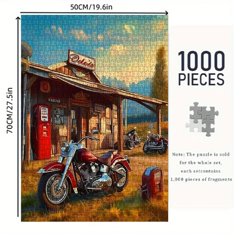Vintage tankstation met motorfietsen puzzel volwassen retro thema intellectueel spel thuis vrije tijd decoratief puzzelspeelgoed