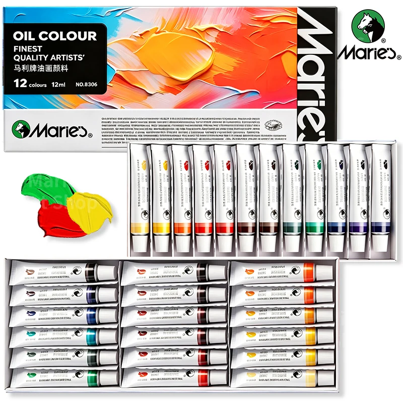 Marie's Artists' Oil Paint Set,12/18 Vibrant Colors,Rich Pigments Oil Based Paint Kit of 12ml/0.4floz Tube for Canvas,Paper