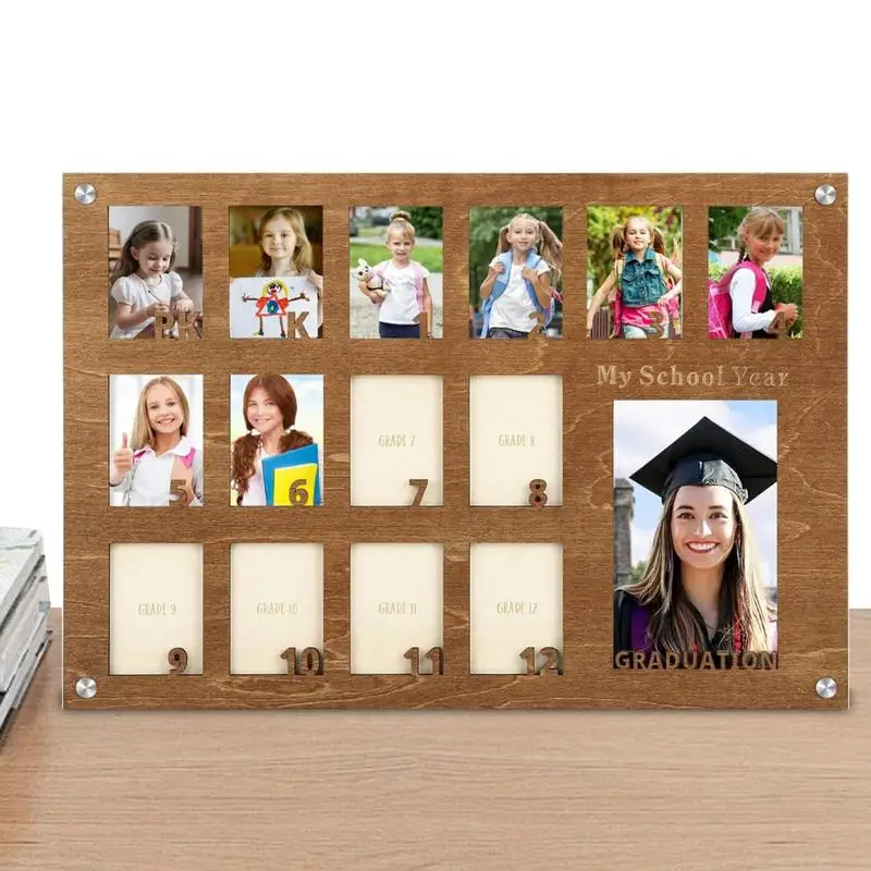 School Year Photo Frame School Days 15-Slot Graduation Frame Photo Keeper K-12 Collage Solid Table Top Display Picture Frame For