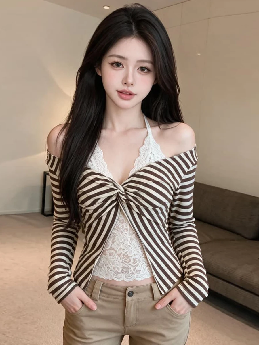 American Style Long Sleeve T-Shirt with Knot Lace Stripes Slimming Design And Chest Pad High Waist Straight Cut Daily Wear fo...
