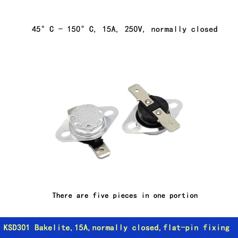 

5PCS Thermostatic switch KSD301,temperature range45°C-150°C,15A,250V,normally-closed flat-pin fixing temperature switch bakelite