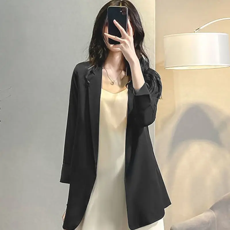 2024 New Summer Korean Edition Fashion Simple Commuting Solid Color Versatile Thin Three Quarter Mid Length Suit Coat dla kobiet