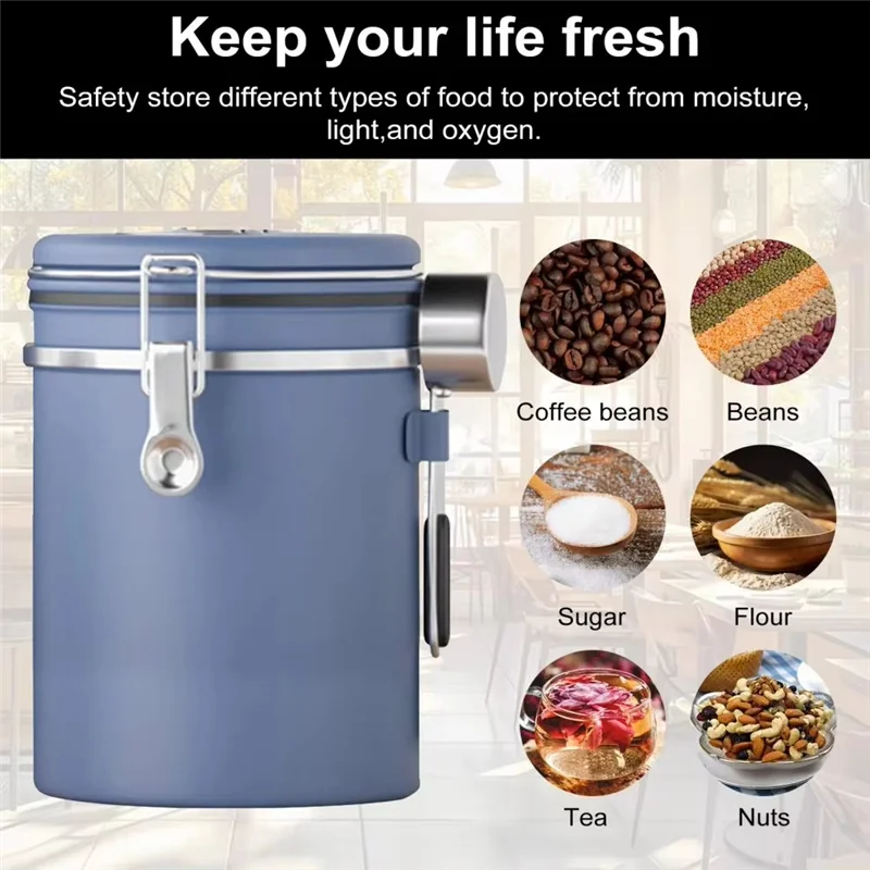 

1800ML Stainless Steel Coffee Canister Airtight Container With Date Tracker Measuring Spoon Freshness Lock Kitchen