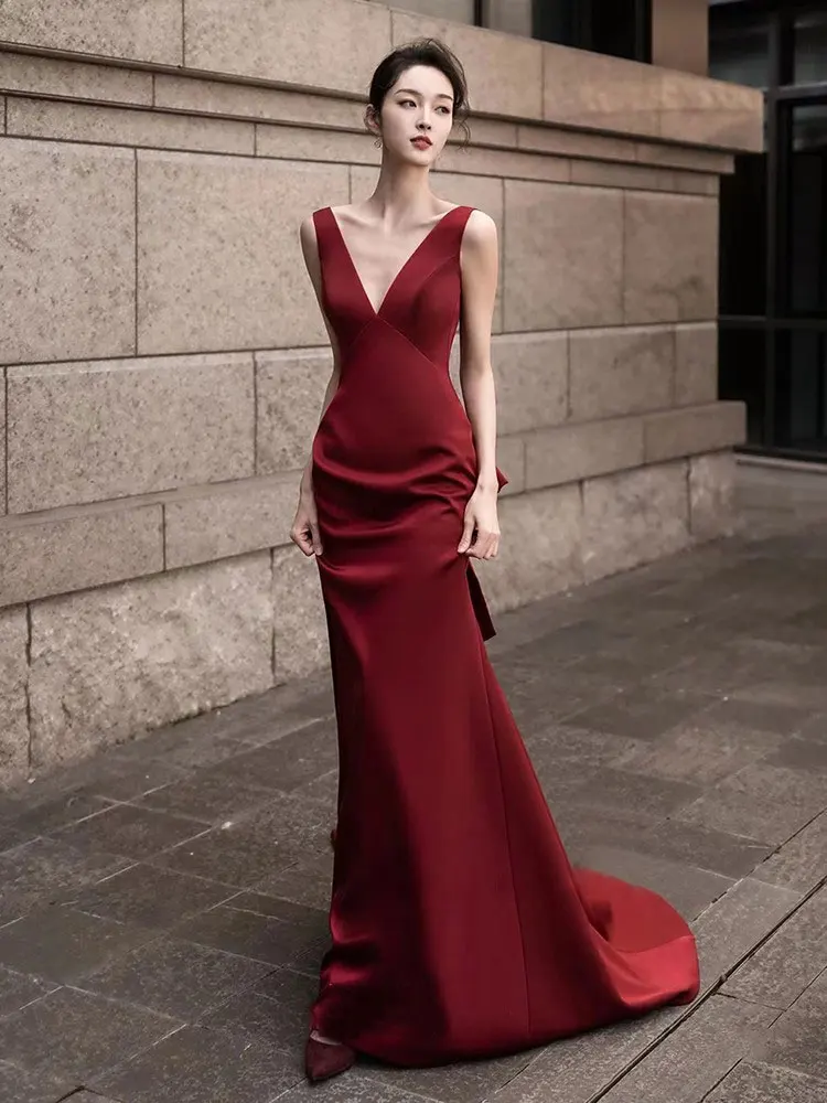 

Red V-Ne Fi-Tail Evening Dr Wedding Dr Engagement Dr Banquet Gown for Women Ele Simple High-End Sensation