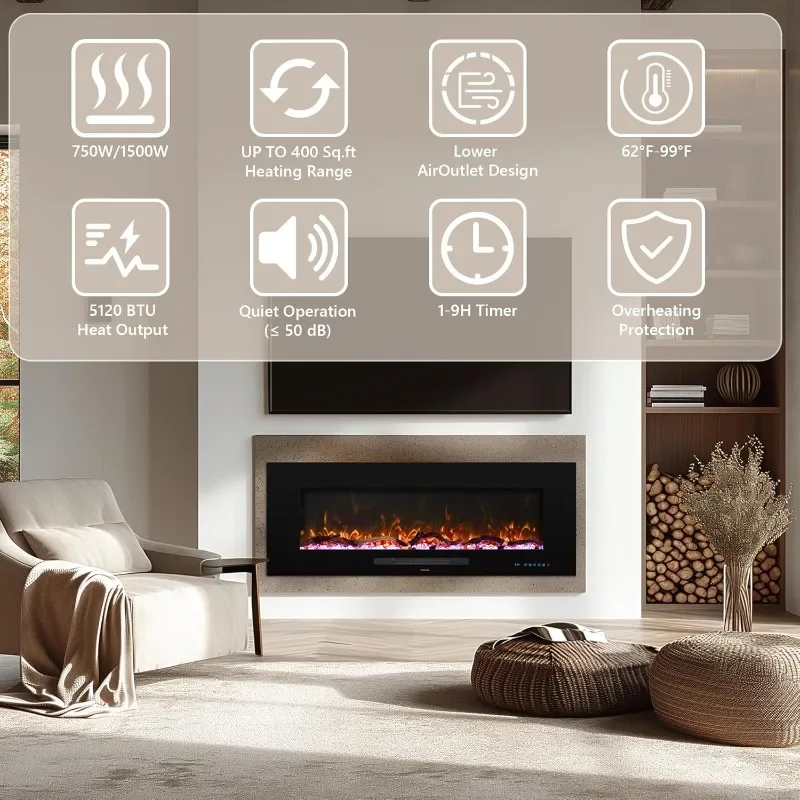 Recessed Wall Mounted Fireplace Heater Colorful Flame Fuel,Remote Control Setting Dimer,Thermostat Timer,Plug Hard-Wire Option