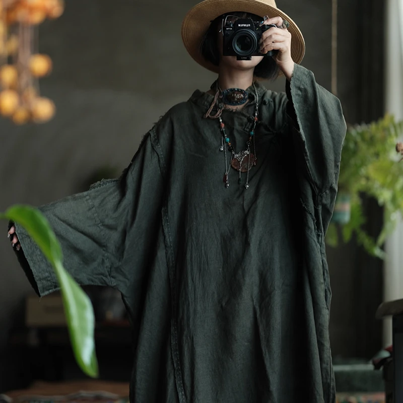 

Oversized Women Casual Linen Dress New Arrival 2025 Autumn Vintage Style Stand Collar Female Batwing Sleeve Long Dresses M1928