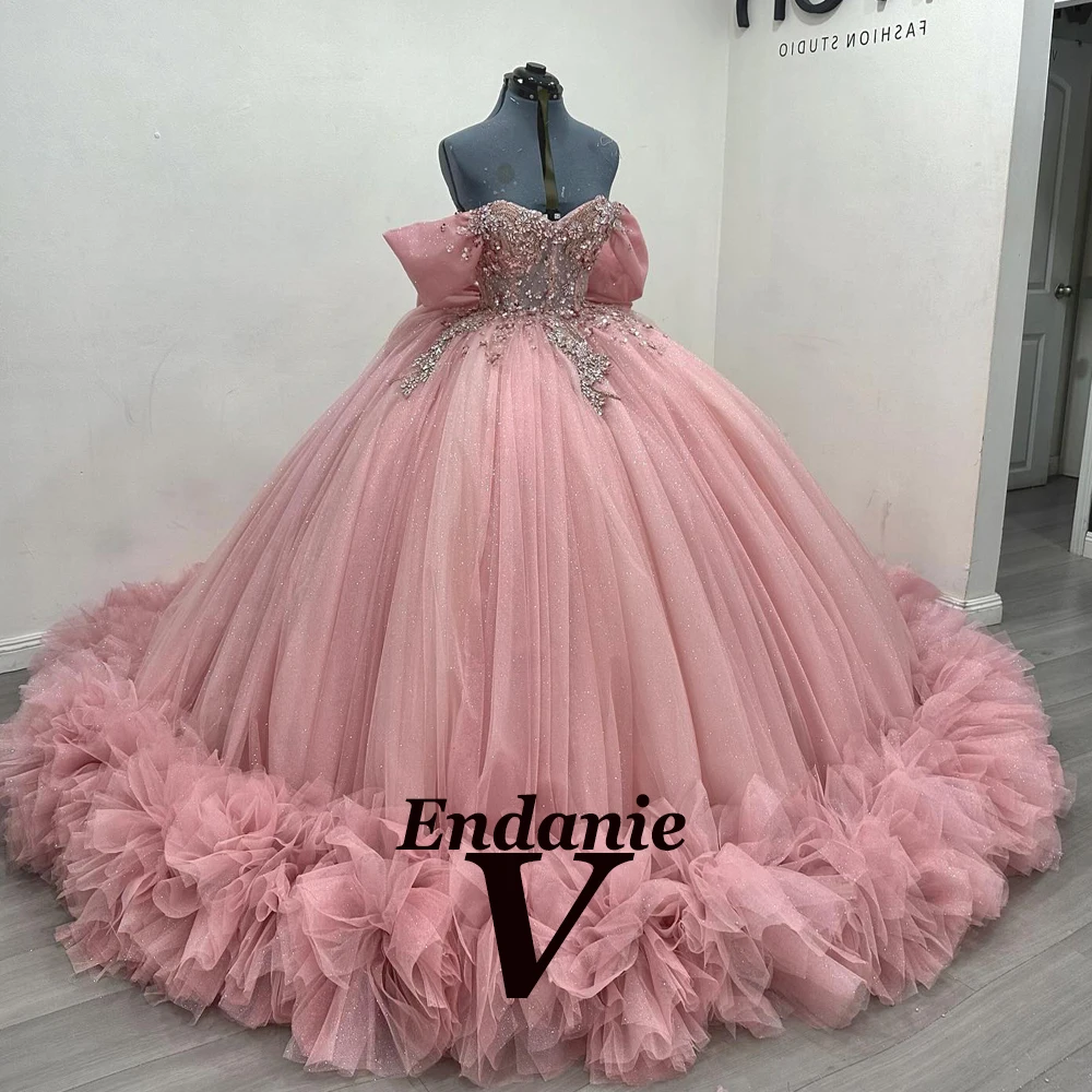 Vendanie conto de fadas bowknot vestidos de baile quinceanera vestidos para meninas tribunal trem apliques vestidos de quinceanera personalizado