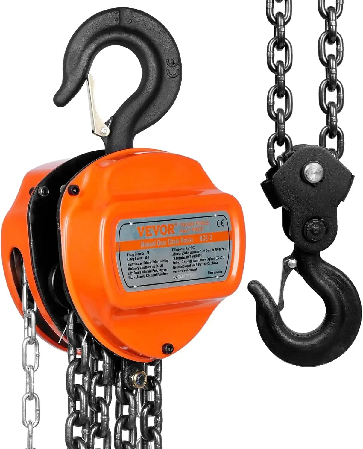 Hand Chain Hoist, 3 Ton 6600 lbs Capacity 10 FT Come Along, G80 Galvanized Carbon Steel with Double-Pawl Brake, Auto Chain