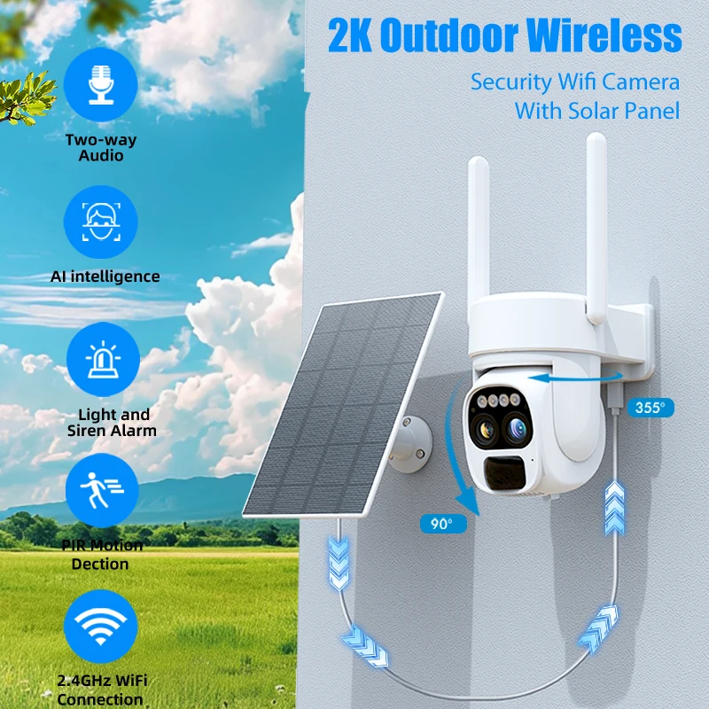 360-degree low power solar panel battery 5MP 2K FHD[10x zoom]2.4G WiFi with spotlight alarm, PTZ motion detection,CCTV