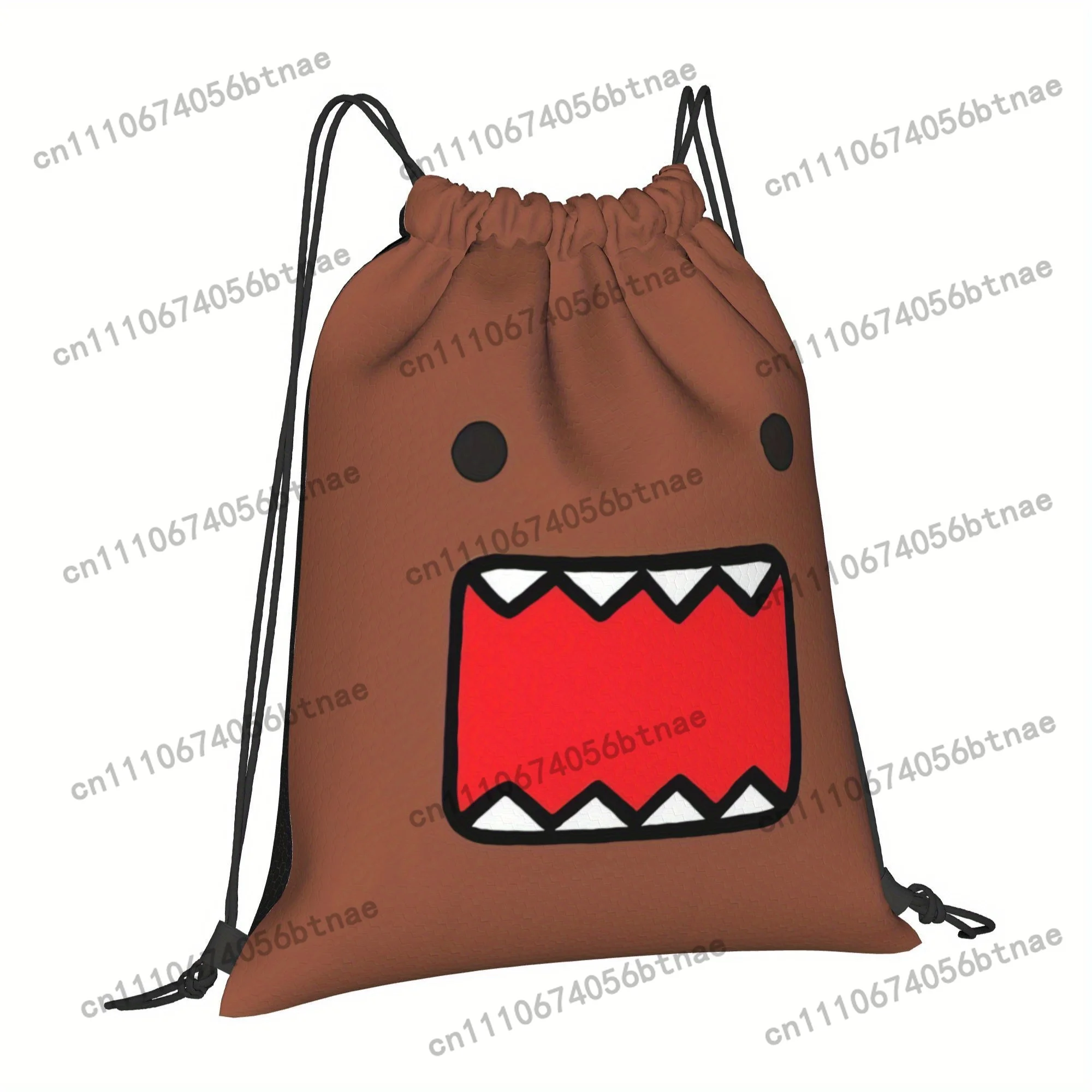 ZLIENSZUS Domo Kun Cartoon Character Backpack - Brown Drawstring Daypack with Red Mouth Design, Machine Washable Polyester, Util