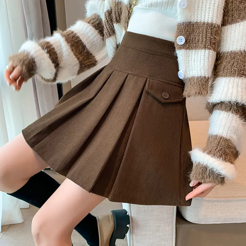 กระโปรงจีบเอวสูง, ชุดเดรสแฟชั่นผ้าลูกฟูกคลุมขาแบบใหม่, กระโปรงสั้นลำลองสไตล์เรโทร, กระโปรงมินิสั้นหวาน