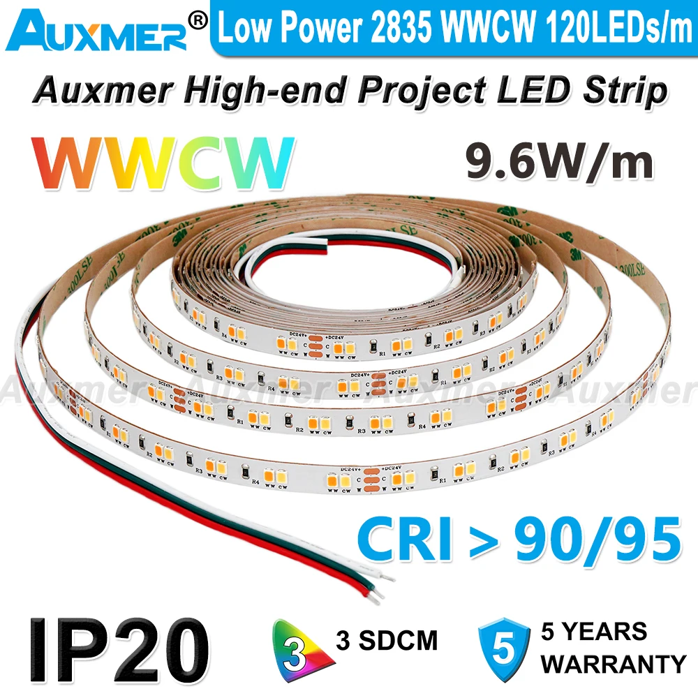 

Low Power 2835 WWCW 120LEDs/m LED Strip Lights Color Temperature Adjustable CCT DC12/24V 9.6W/m 600LEDs/Reel 5m Led Tape,Indoor