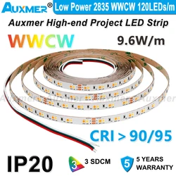 저전력 2835 WWCW 120LED 스트립 조명, 색 온도 조절 가능, CCT DC12 24V 9.6 W/m 600Led 릴, 5m LED 테이프, 실내