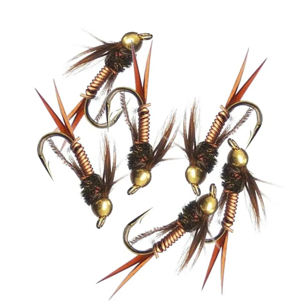 3/6/12Pcs Mosiężny koralik Głowica Szybko tonący Stonefly Nimfa Brązowy Hackle Drut miedziany Mokra nimfa mucha na pstrąga Przynęty wędkarskie Przynęty