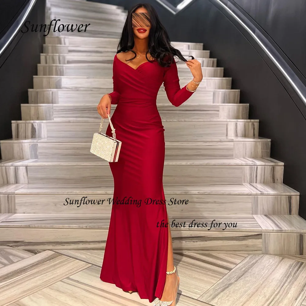 

Sunflower V-Neck Evening Dress 2023 Slim Backless Crepe Prom dress Long Sleeves Mermaid Ankle-Length Pary Dress