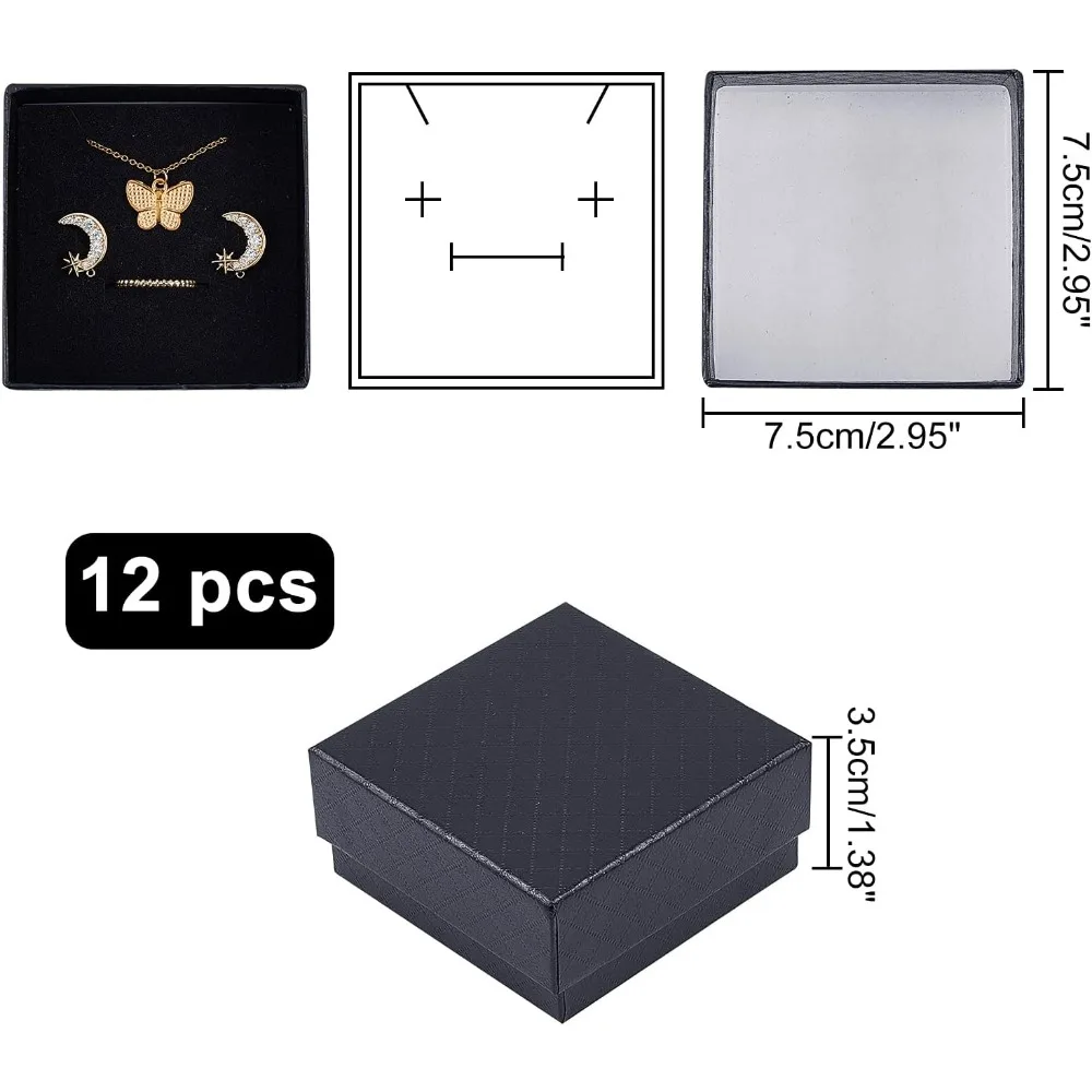 12 Pcs 7.5x7.5x3.5cm Cardboard Jewelry Boxes Paper Box Square Black Ring Box with Black Sponge for JewelryBracelet Necklace