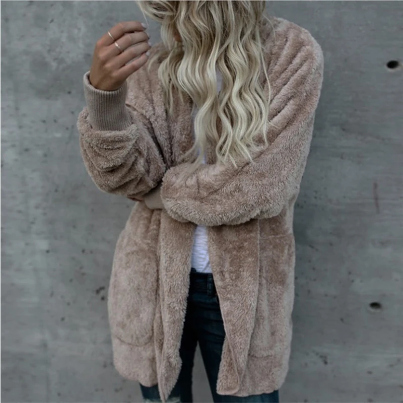 Faux Fur Coat Women 2023 Autumn Winter Warm Soft Long Fur Jacket Outwear Plush Overcoat Pocket Open Stitch Cardigan with Hood