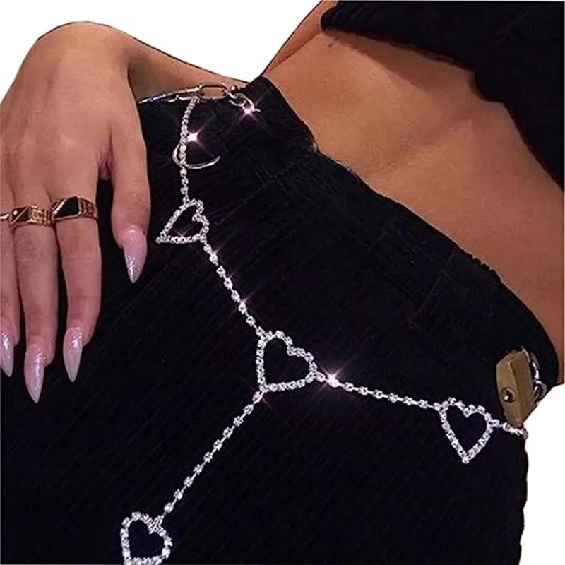 Rhinestone Body Chains Belt Crystal Waist Chains Heart Pendant Summer Beach Waist Body Jewelry Festival Belt Belly Jewelry Women