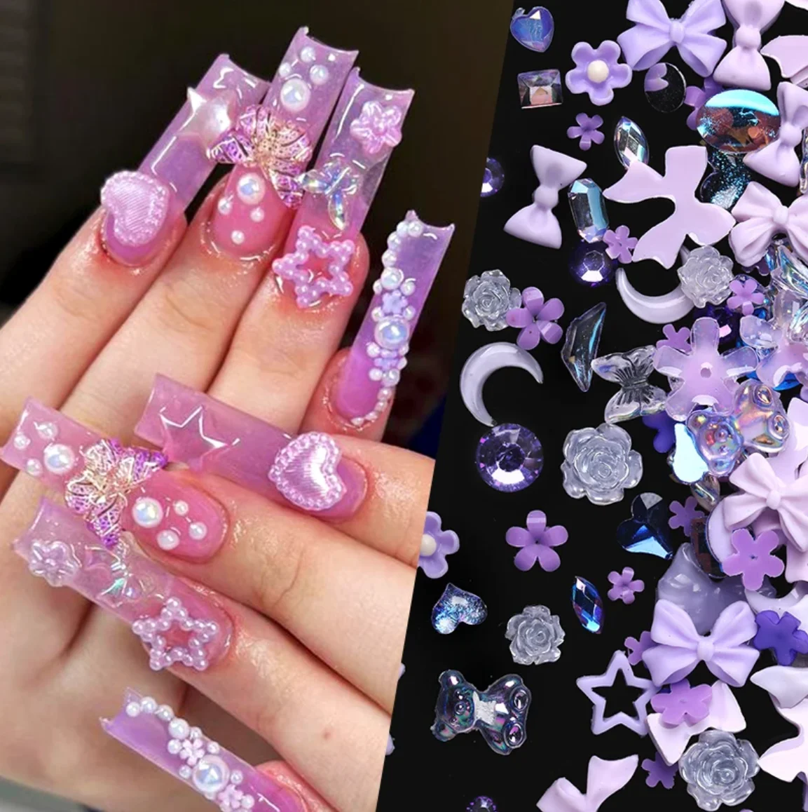 3D 혼합 색상 네일 참 장식, 멀티 모양 하트 꽃 나비 활 모양, DIY 공예 쥬얼리 액세서리, 50 개