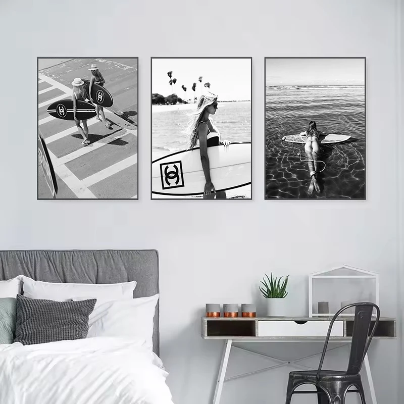 Fashion Black and White Girl Surfing Beach Surfboard Seascape Poster Canvas Painting Wall Art Pictures Home Room Decor