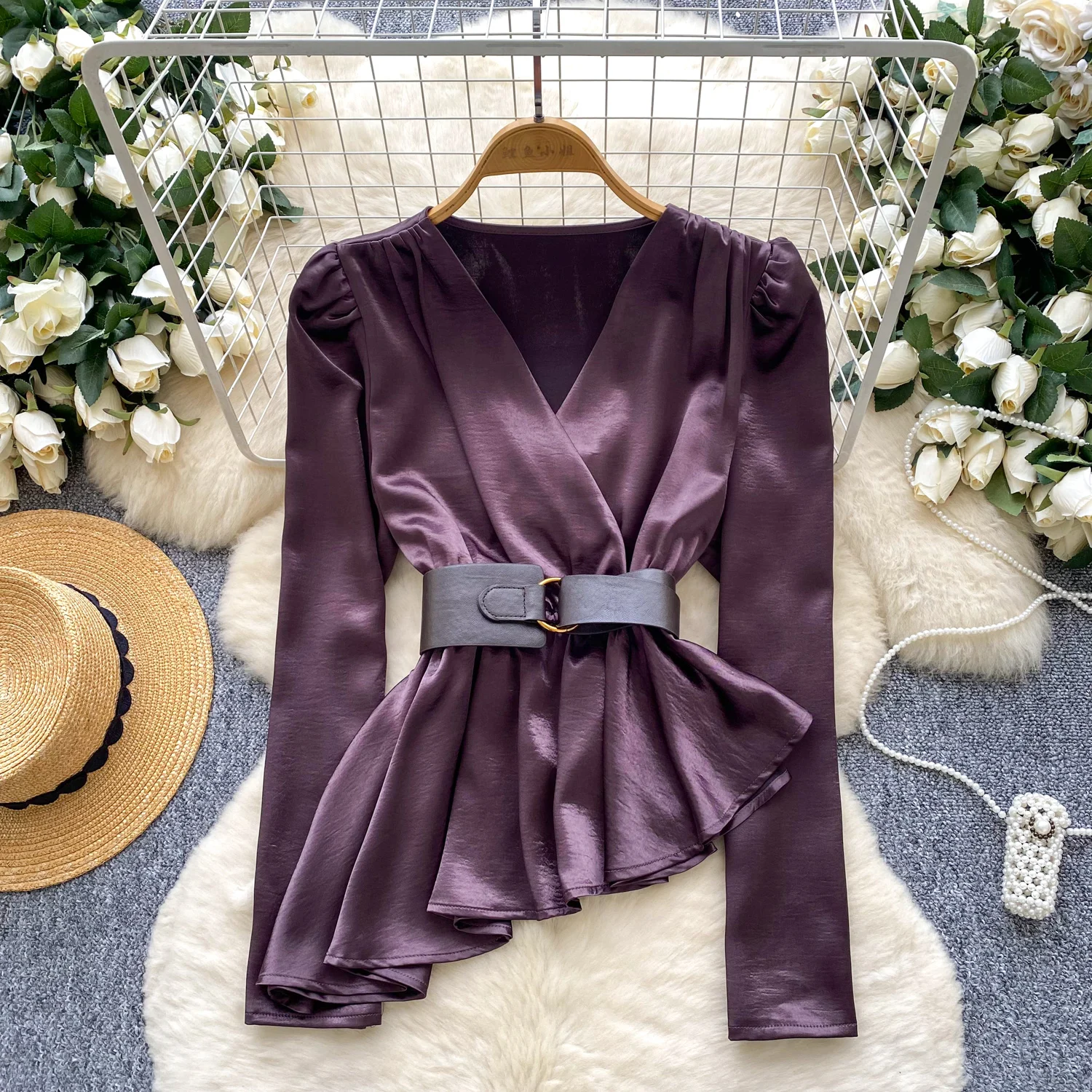 

Women Winter Satin Silk Asymmetric Tops Shirts Lady Waist Belt Sexi Blouse Female Autumn Formal Dinner Banquets OL Office Tops