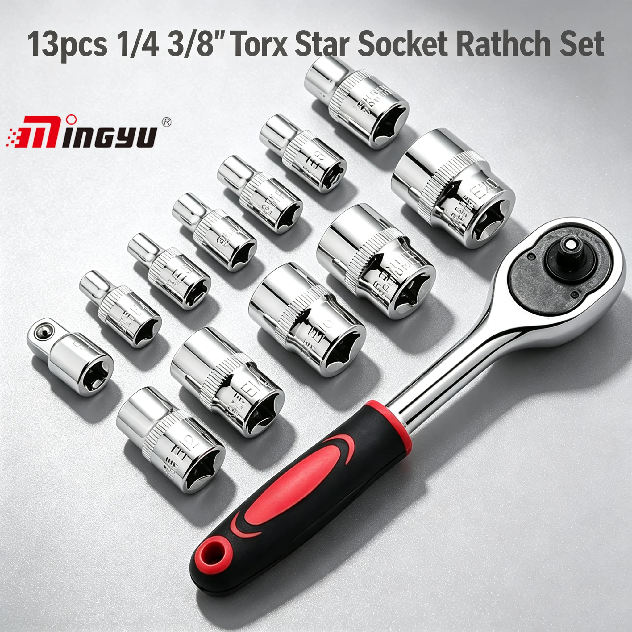 13pcs CR-V Heat Treatment 1/4 3/8' Torx Star Socket Ratchet Set With Handle Adapter Kit E10 E12 E14 E16 E18 E20 DIY Hand Tools