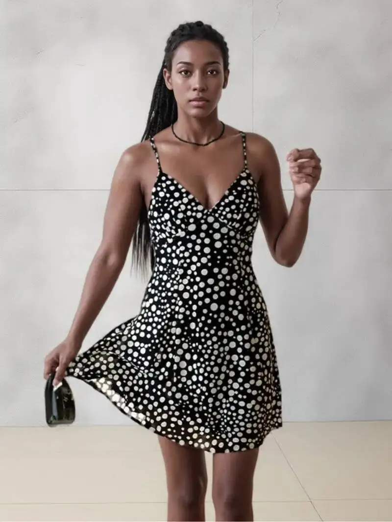 Verão novo doce e picante leopardo impressão de seda malha com decote em v sem costas vestido camisola para mulher tanque mini vestido doce sexy