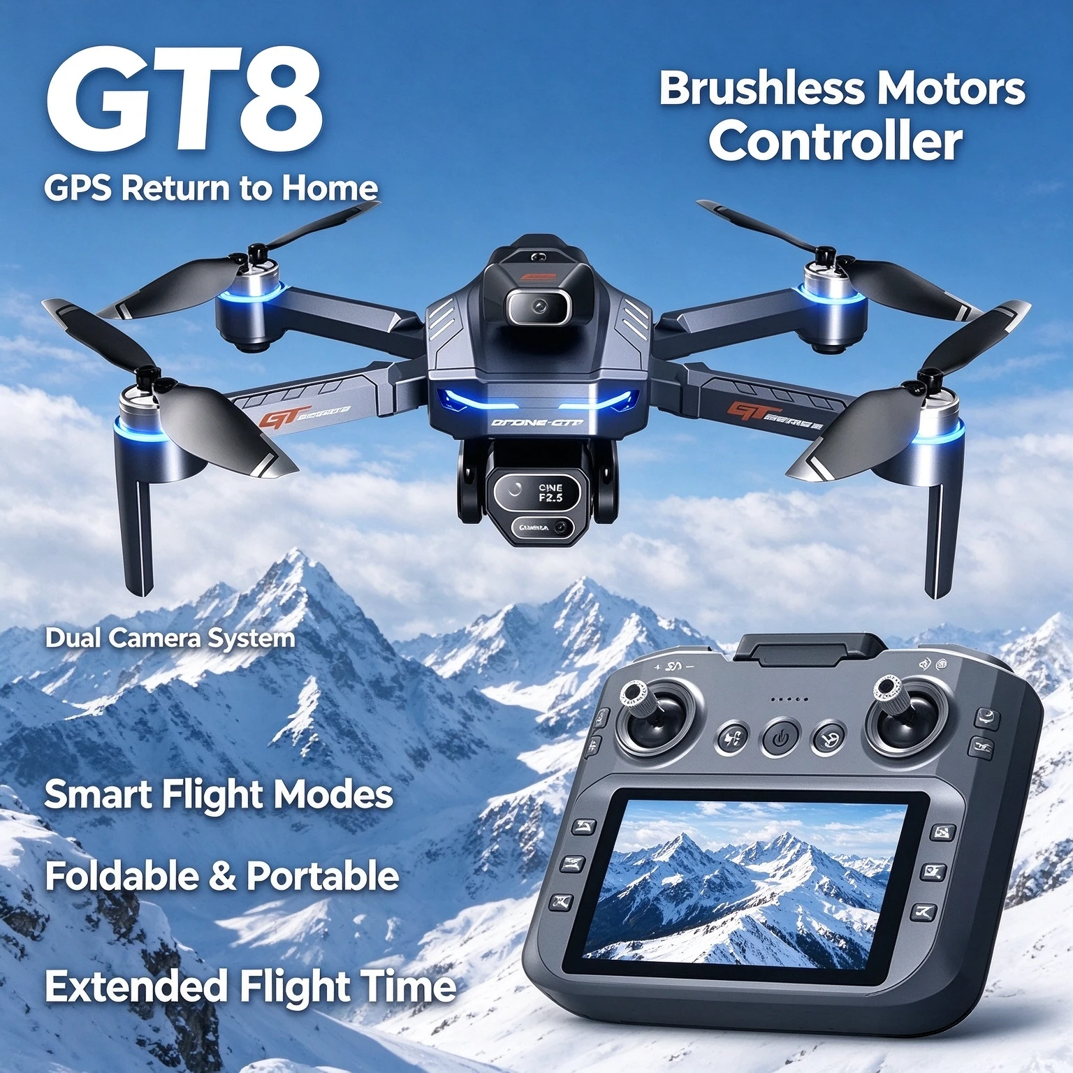 Brushless Motor Drone GT8 Professional Dual Camera 8K GPS FPV Optical Flow Hovering Folding Quadcopter 4K RC Toy