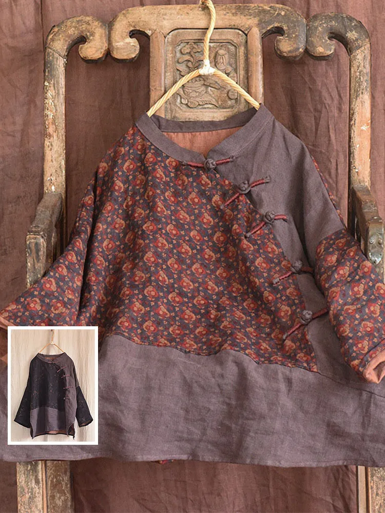 

Женский льняной топ большого размера в стиле пэчворк с принтом на пуговицах и воротником-стойкой с боковым разрезом, повседневный топ в стиле ретро для поездок на работу