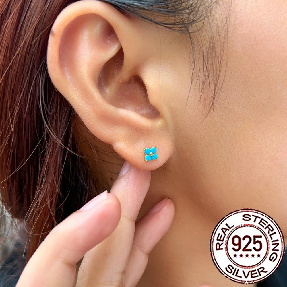 CWWZircons Mini-Piercing-Ohrringe aus 925er-Sterlingsilber, niedliche Blatt-Blume, blau, türkis, für Damen, Hochzeit, Party, edler Schmuck SE075 – Detail 6