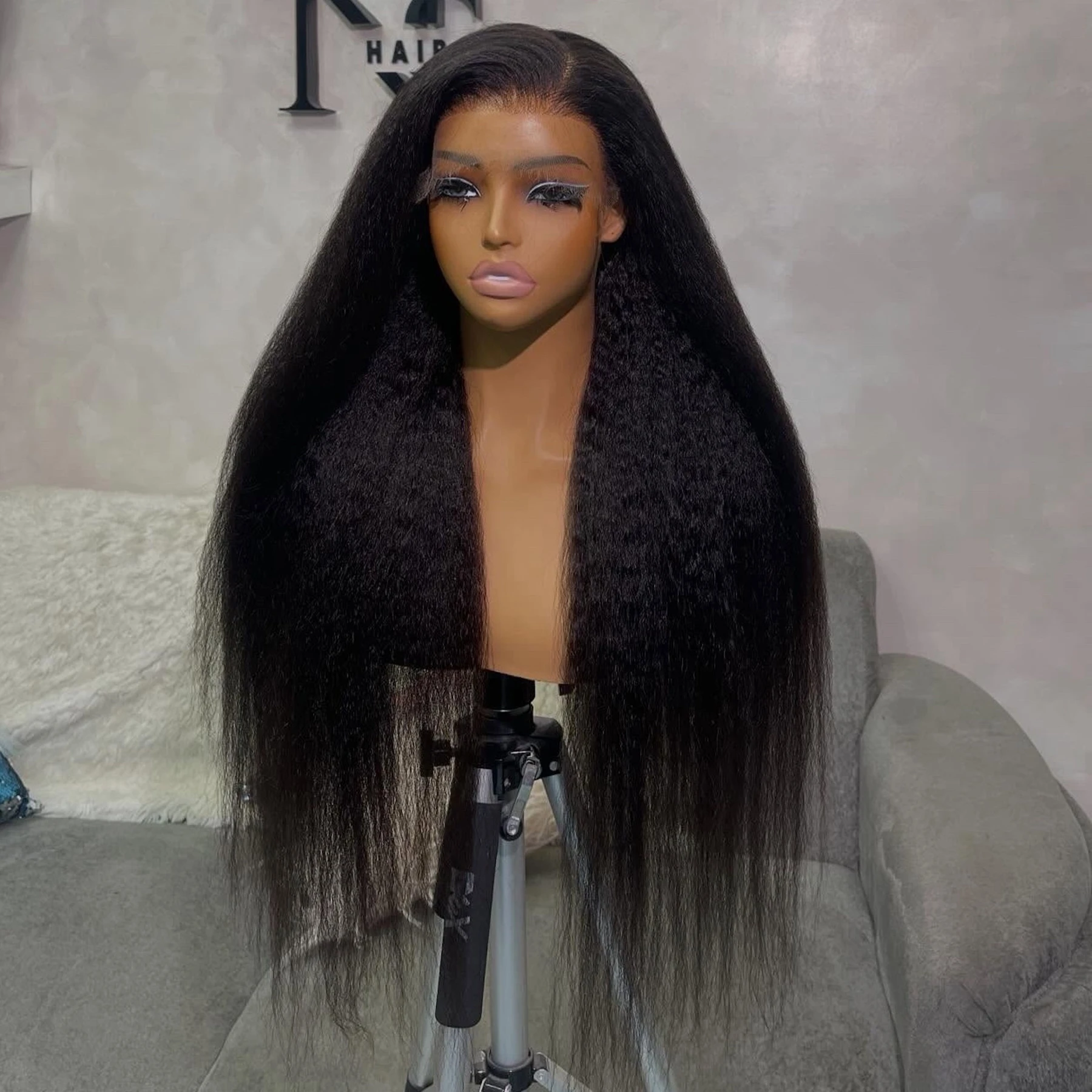 

13X4X1 HD Lace Front Wig Synthetic Yaki Kinky Straight Prepluck Hairline Glueless Wigs Black Color Daily Party Wedding Soft Hair