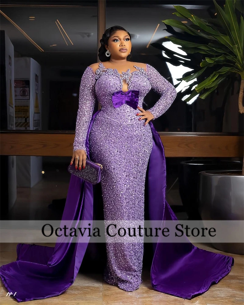

Purple Aso Ebi Evening Dresses For Women Long Bead Long Sleeves Formal Prom Sequined Wedding Party robes de soirée customized