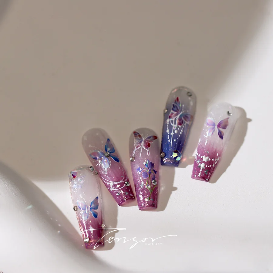 Blue Purple Gradient Polarized Rose Flowers Butterfly Self Adhesive Nail Art Stickers Colorful 3D Flat Manicure Decals Wholesale