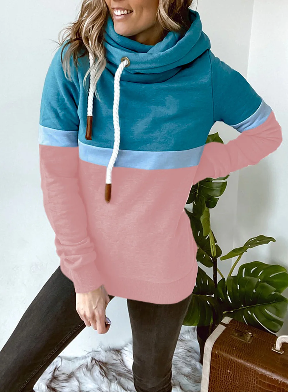 Women\'s sweatshirt 2024 new autumn and winter solid color stitching casual high collar hooded cross-border sweatshirt for women