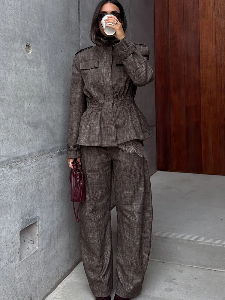 HH Women's Winter Fashion Versatile Wool blend Plaid Ruffled Hem Jacket+Series Wool Plaid Balloon Version Casual Long Pants Suit
