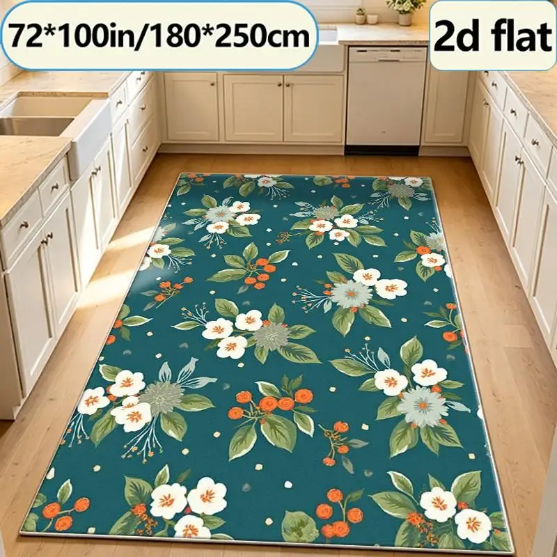 Vintage Teal Floral Berry Square Carpet Floor Decor Vintage Flower Leaf Seamless Pattern Non-Slip Carpet Suitable for Bedroom Living Room Home Decoration