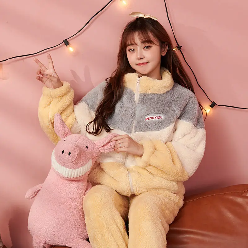 Coral Velvet Female Pajamas Women Autumn Winter Sweet Cute Warm Loungewear Thicken Stand Collar Casual Sleepwear Two-Piece Set