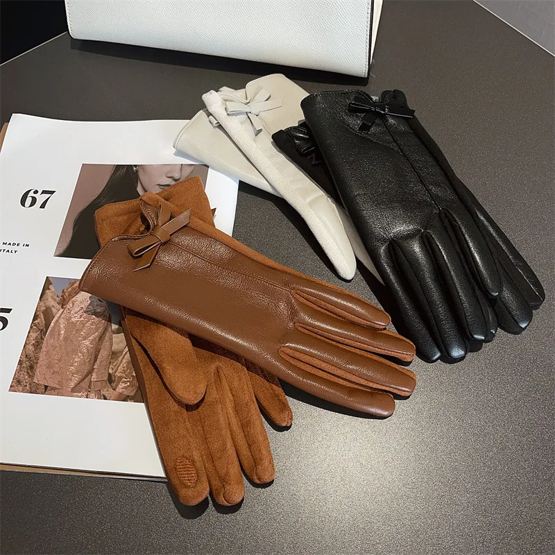 Gloves Women PU Leather Suede Bow Tie Fleece Lined Winter Cycling Warm One Size