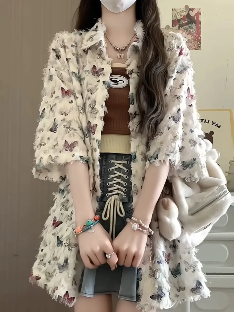 Women Shirts Chic Butterfly Short Sleeved Shirt Jacket For Women's Summer Design Niche Artistic Layered Shirt