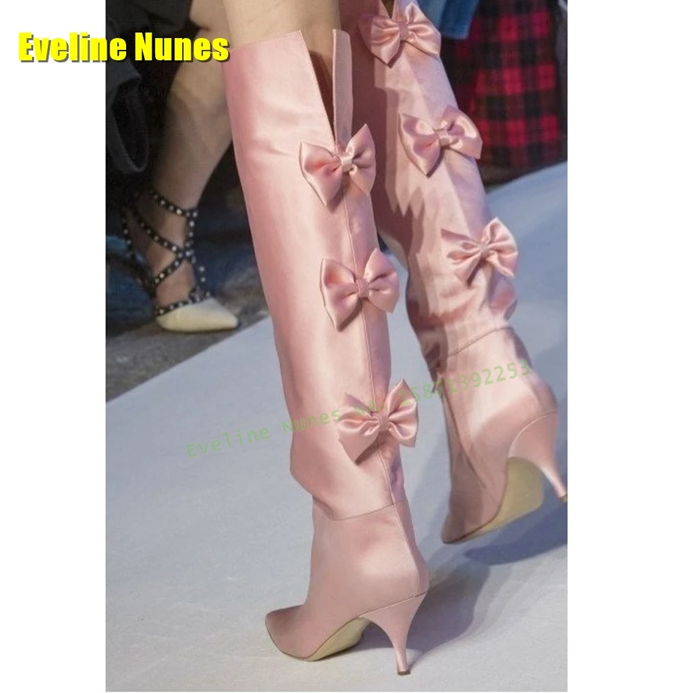 Pink Bowknot Satin Knee High Boots Pointed Toe Thin Heels V-Cut Pull On Female Runway Show Fashion Booties 2025 New Style Trend