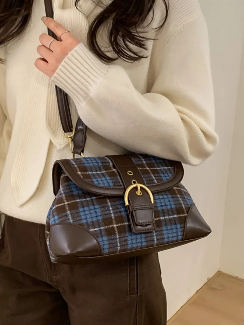 Blue Color Blocking Bag Saddle for Women Retro Contrasting Color Checkered Casual Faux Suede Crossbody Shoulder Handbag