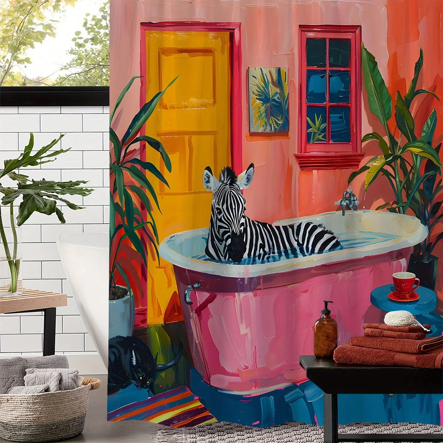 Colorful Zebra in Bathtub Shower Curtain - Vibrant and Whimsical Design for a High-Elegance Bathroom Ambiance image 4