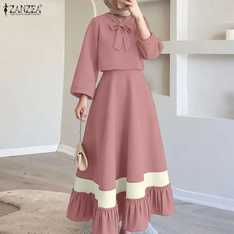 

ZANZEA Elegant Women Spring 2 Piece Sets Long Sleeve Bows Blouse Dress Suit 2026 Fashion Muslim Matching Sets Ramadan Outfits