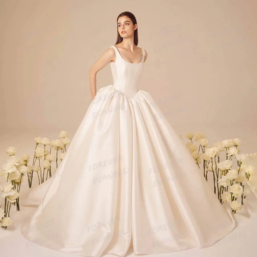 

Simple Wedding Dresses A Line Woman's Bride Gowns Sleeveless Boat Neck Satin Princess Vestido De Novia Customized Robe De Mariée