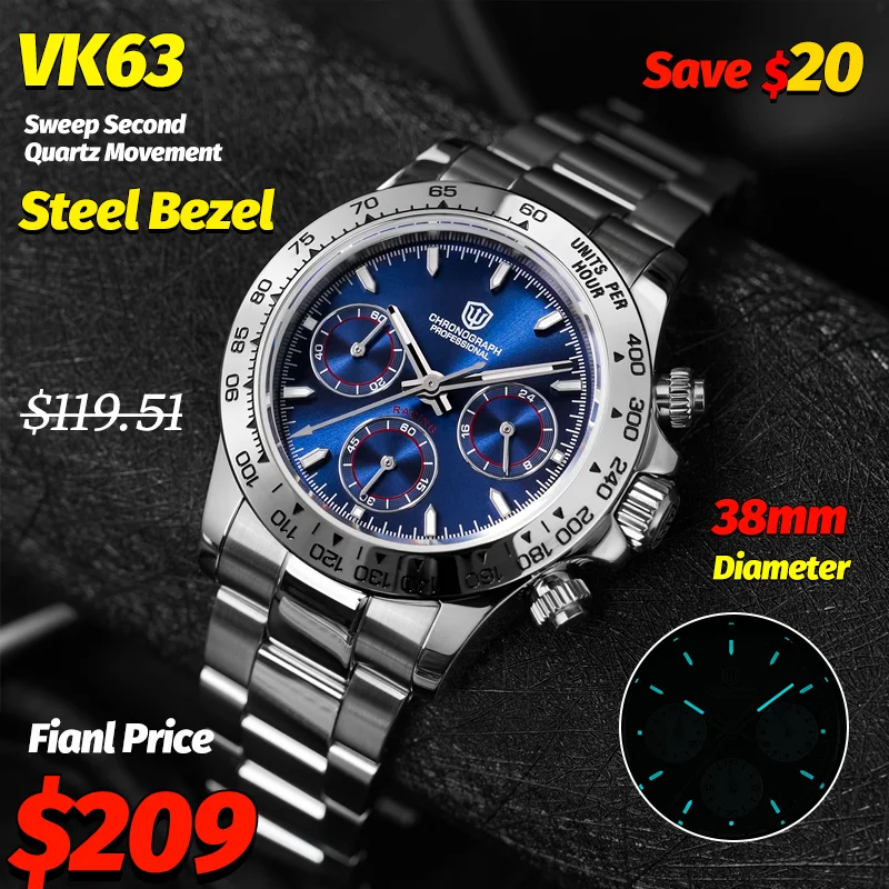 

Watchdives Wd16500 V2 VK63 Chronograph Quartz Watch Sapphire Steel Bezel Sports Watches Man BGW9 10Bar Waterproof Wrist Watches