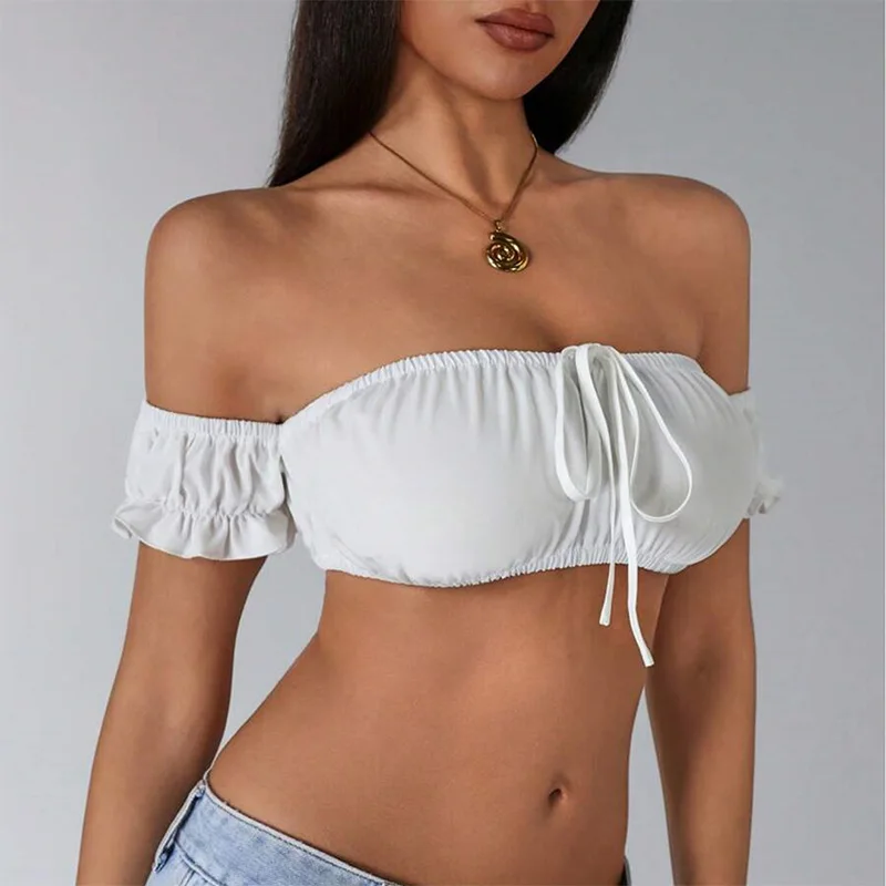 Sexy schulterfreies Tube-Top für Damen im Y2K-Stil mit Rüschenärmeln, Kordelzug, Bustier-Tanktop, schmale Passform, Sommerparty, Strandkleidung – Detail 4