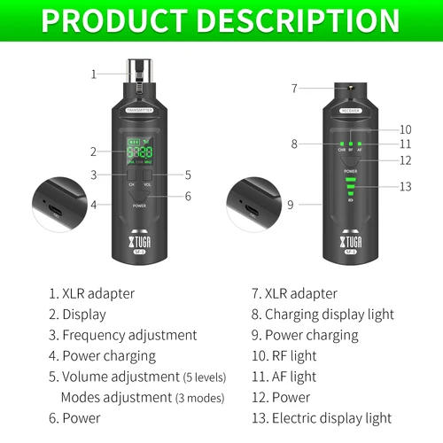 Imagen 2 del producto XTUGA UHF micrófono profesional convertidor inalámbrico XLR transmisor receptor recargable para micrófono condensador dinámico mezclador de Audio