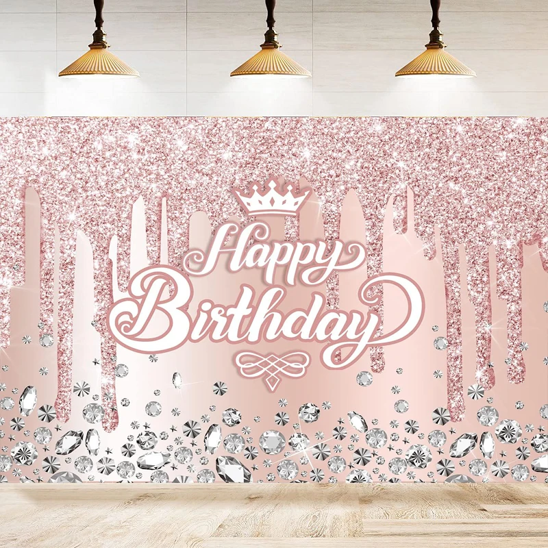 

Pink Rose Golden Photography Backdrop Glitter Diamonds Background Girls Sweet 16th 18th Happy Birthday Party Cake Table Decor