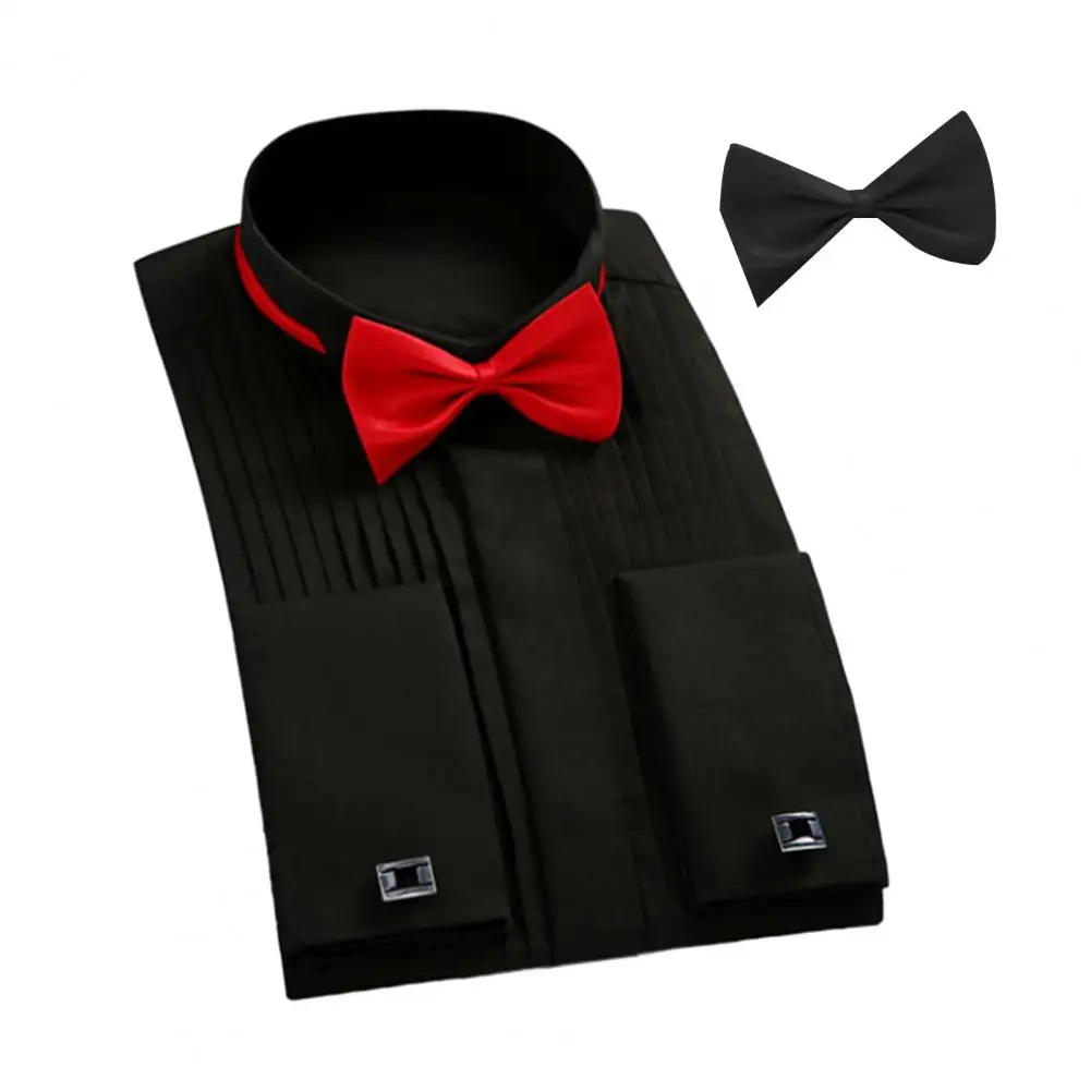 

Solid Color Men Top Elegant Formal Wedding Party Shirt with Bow Tie Long Sleeve Lapel Button-up Groomsmen Attire Solid Color